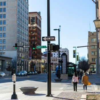 Two women crossing the street in downtown Wichita, Kansas